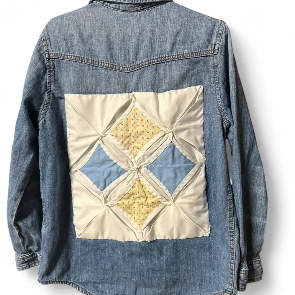 Size 7-8 unisex kids denim shirt handmade cathedral window quilt patch